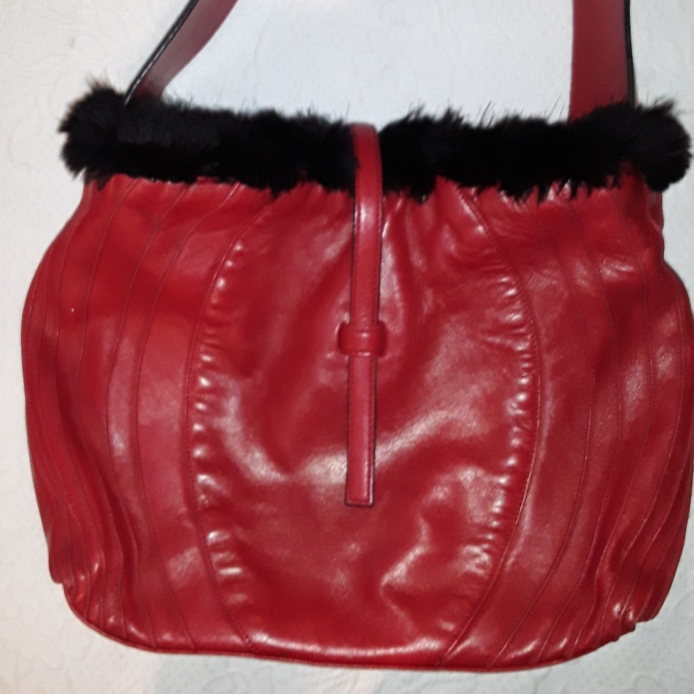 Vintage red genuine leather faux fur bag